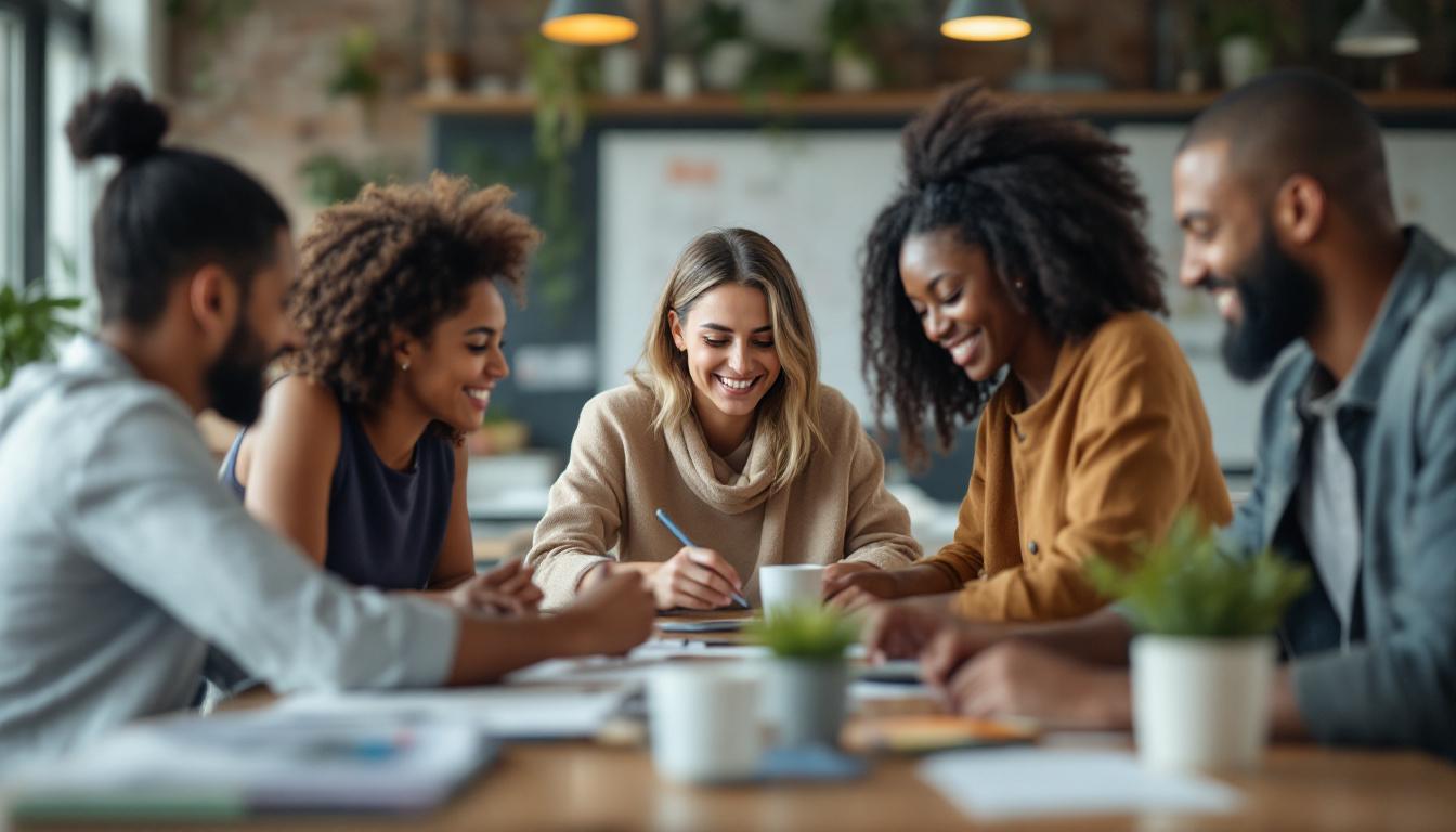 A photograph of a diverse group of newcomers engaged in a collaborative skills workshop