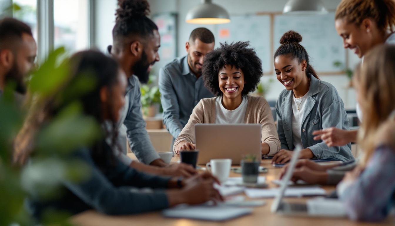 A photograph of a diverse group of newcomers engaged in a collaborative workshop