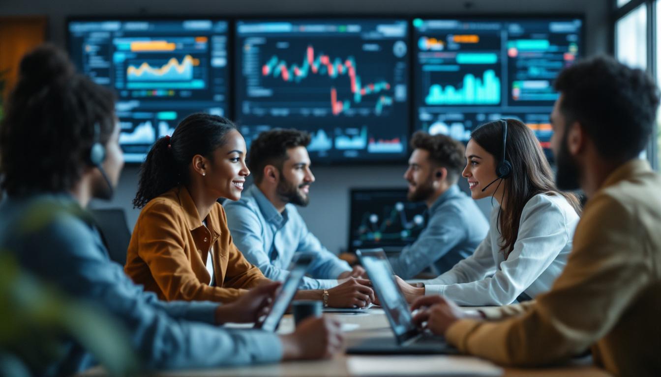 A photograph of a diverse group of support center agents engaged in a collaborative meeting