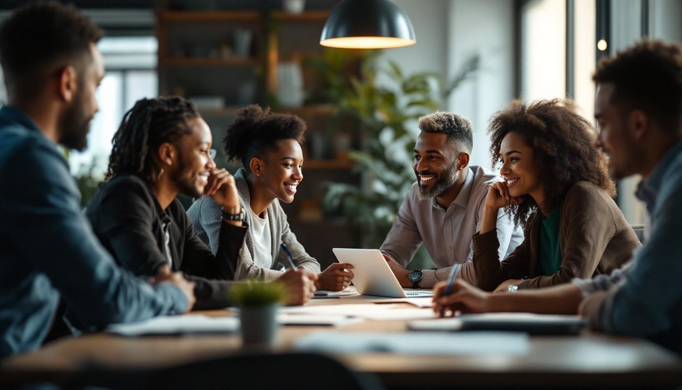 A photograph of a diverse group of professionals engaged in a dynamic brainstorming session