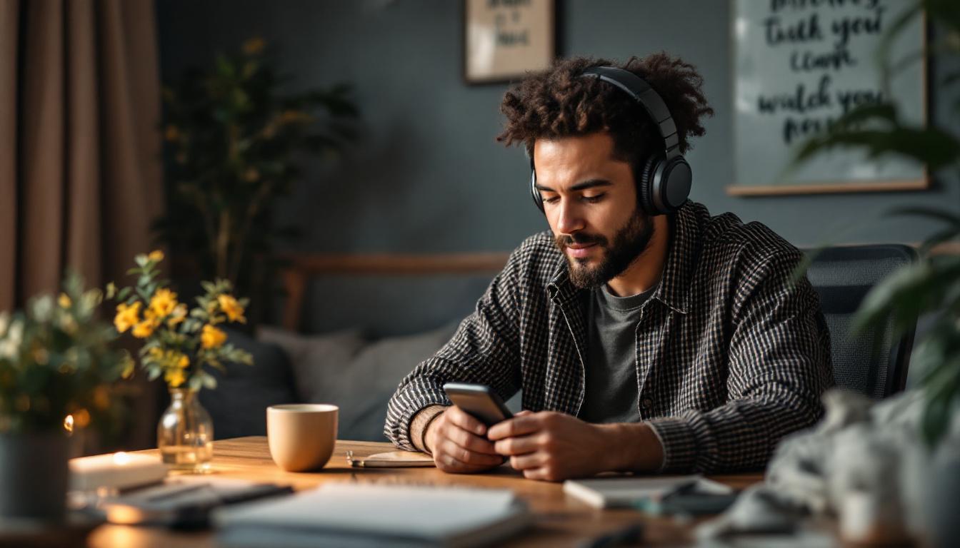 A photograph of a cozy and inviting workspace featuring a person listening to a podcast on headphones