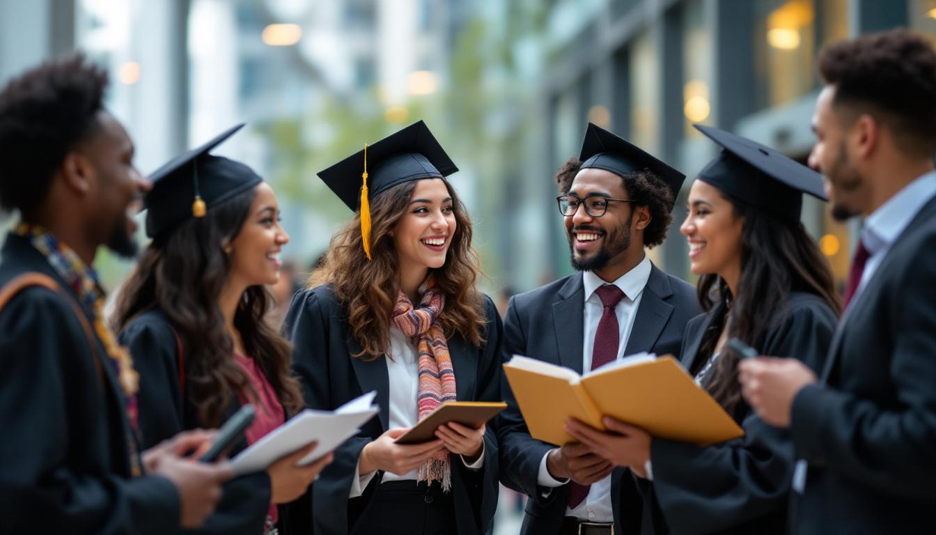 A photograph of a diverse group of recent graduates in professional attire