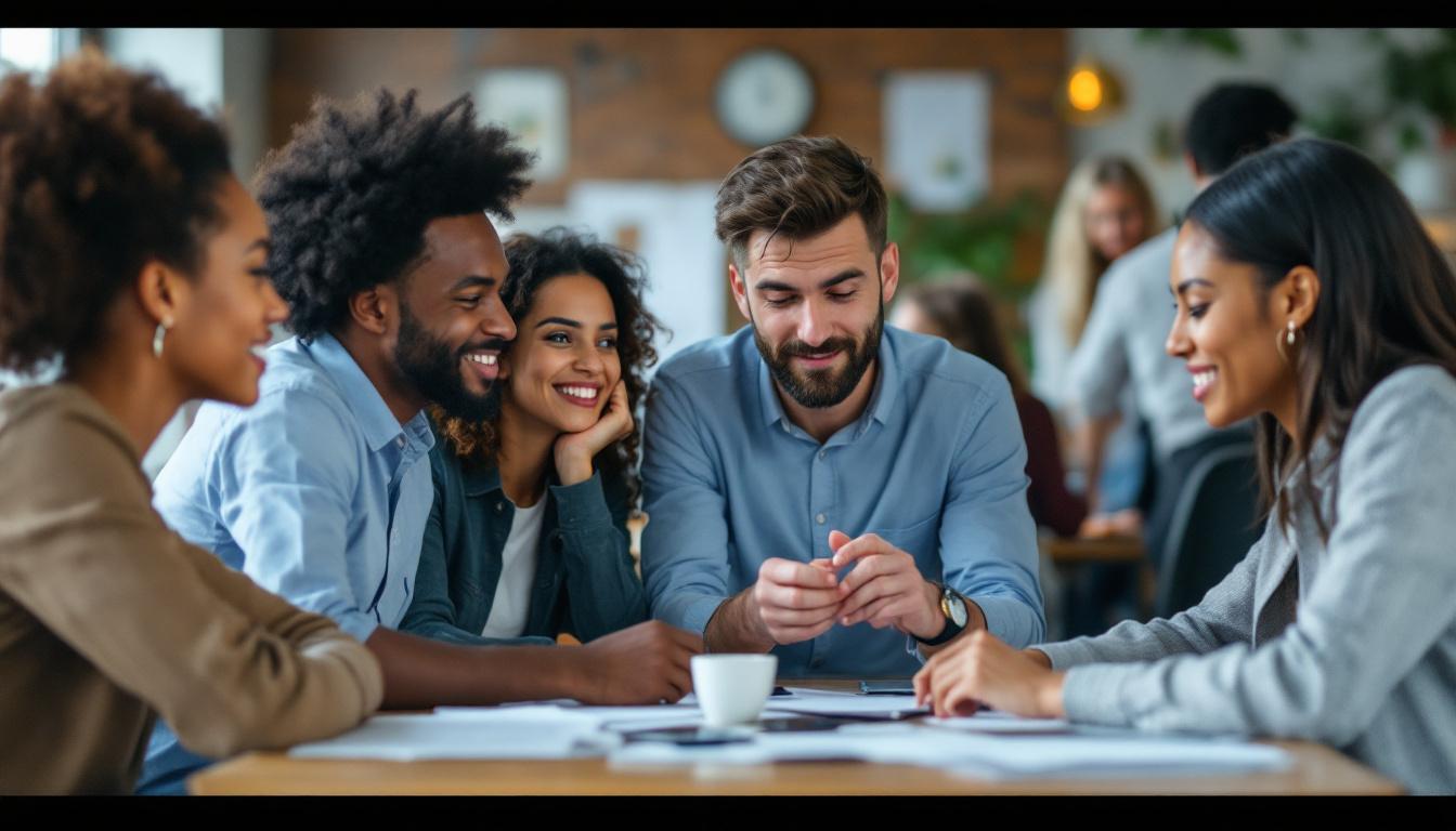 A photograph of a diverse group of people engaged in a collaborative brainstorming session
