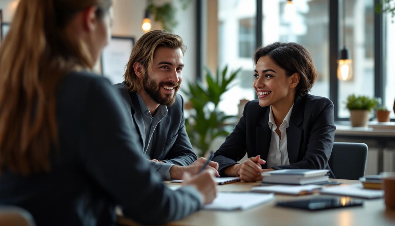 A photograph of a professional setting where a candidate is engaged in a meaningful conversation with a recruiter