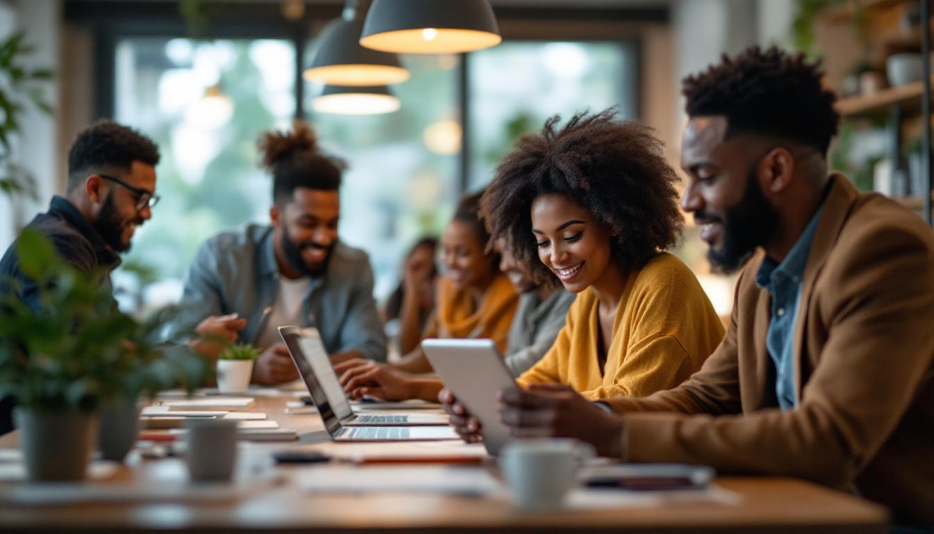 A photograph of a diverse group of job seekers engaged in a collaborative work environment