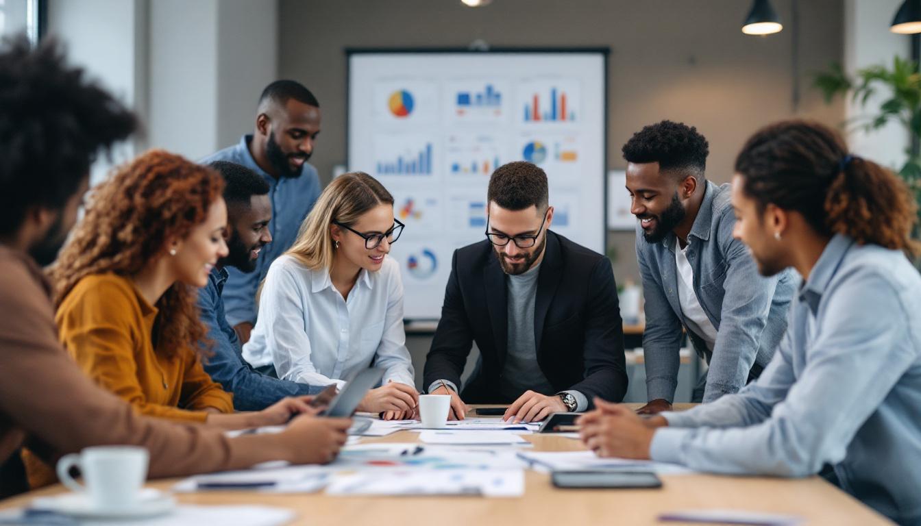A photograph of a diverse group of professionals engaged in a collaborative project planning session
