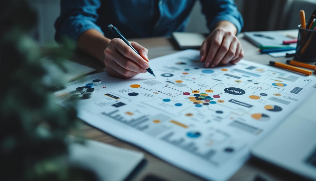 A photograph of a person thoughtfully engaging with a career map on a desk