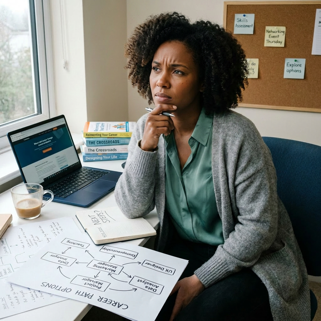 Woman sitting at desk looking thoughtful with career planning papers and laptop
