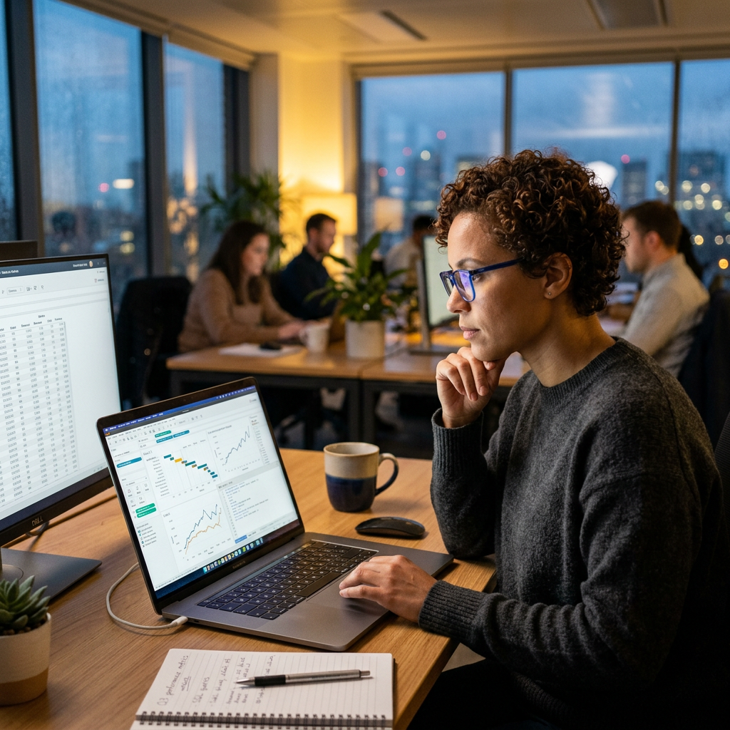 Woman with curly hair and glasses analyzing financial data on a laptop with a second monitor in an office.
